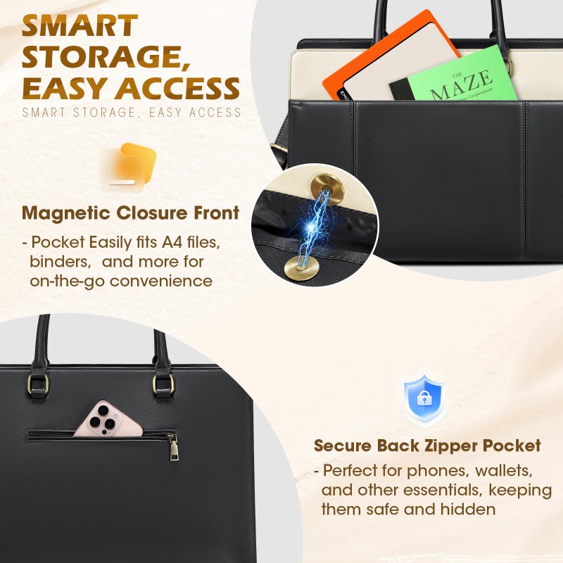 RAINSMORE Laptop Bag for Women 15.6 inch Leather Laptop Tote Bag Large Computer Bags Waterproof Business Office Work Bags Briefcase with Satchel Purse 2pcs Set, Black - Image 4
