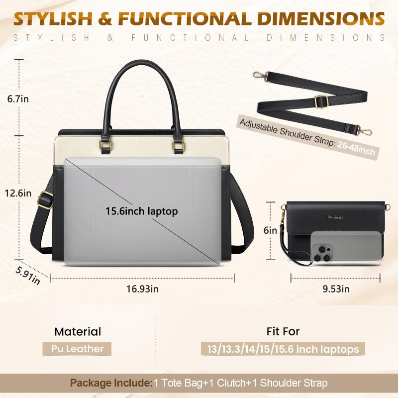 RAINSMORE Laptop Bag for Women 15.6 inch Leather Laptop Tote Bag Large Computer Bags Waterproof Business Office Work Bags Briefcase with Satchel Purse 2pcs Set, Black - Image 5