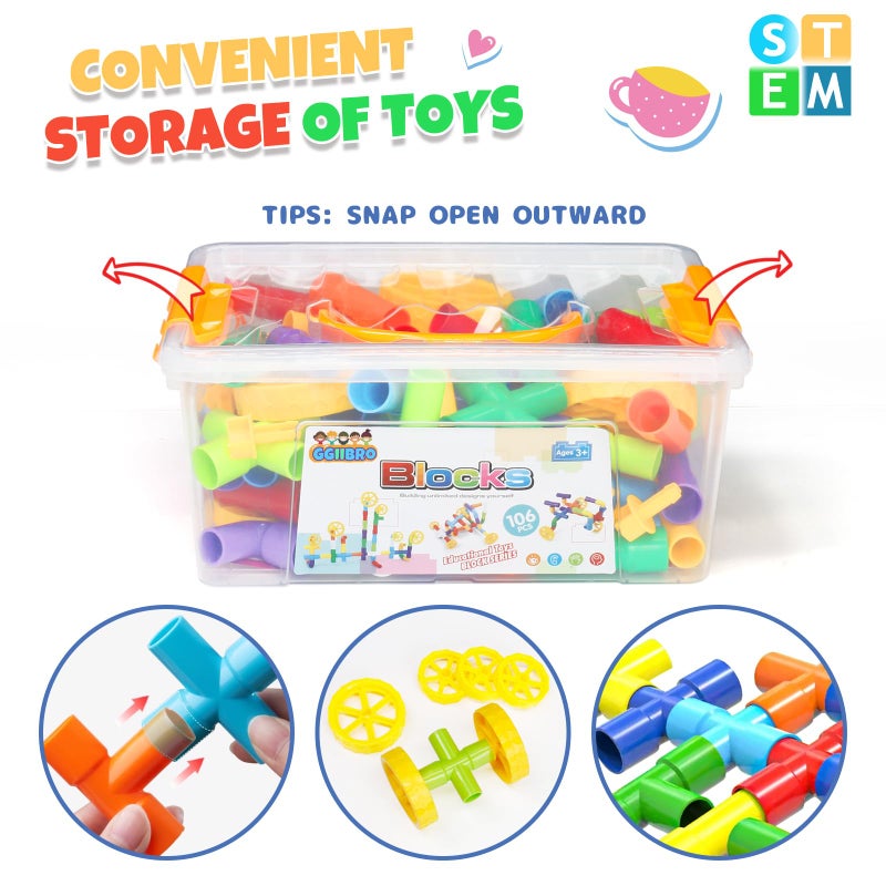 Ggiibro STEM Building Toy for Toddlers 106Pieces Tube Pipe Toy,Educational Preschool Game for 3+ Years,Learning Building Blocks Play with Storage Box Gift Kit,Montessori Toys for Boys & Girls - Image 3
