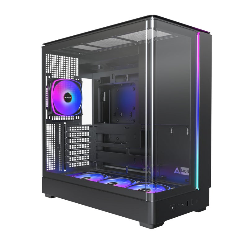 MONTECH King 45 PRO ATX PC Case, Curved Panoramic Glass, Chimney Airflow, 360mm Radiator Support, Compact Build for High-Performance Systems, 4 ARGB PWM Fan Pre-Installed with Fan Hub, Black - Image 1