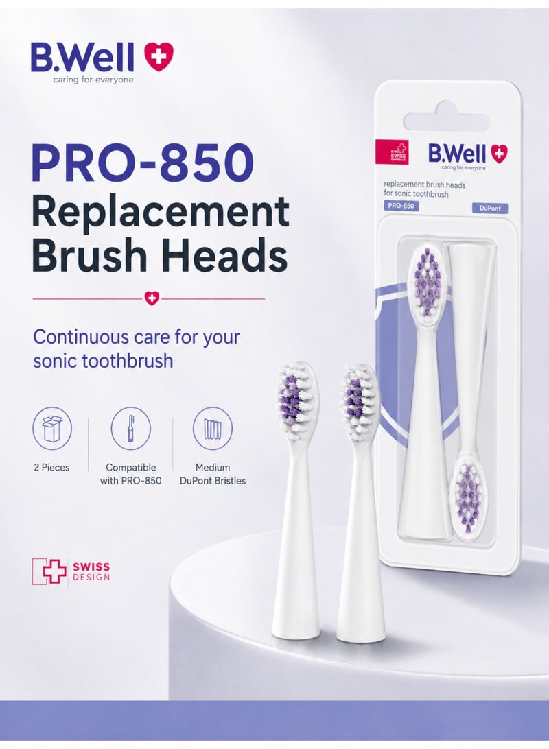 B.Well PRO-850 White Replacement Sonic Toothbrush Heads with Medium DuPont Bristles, 2 Pieces - Image 3