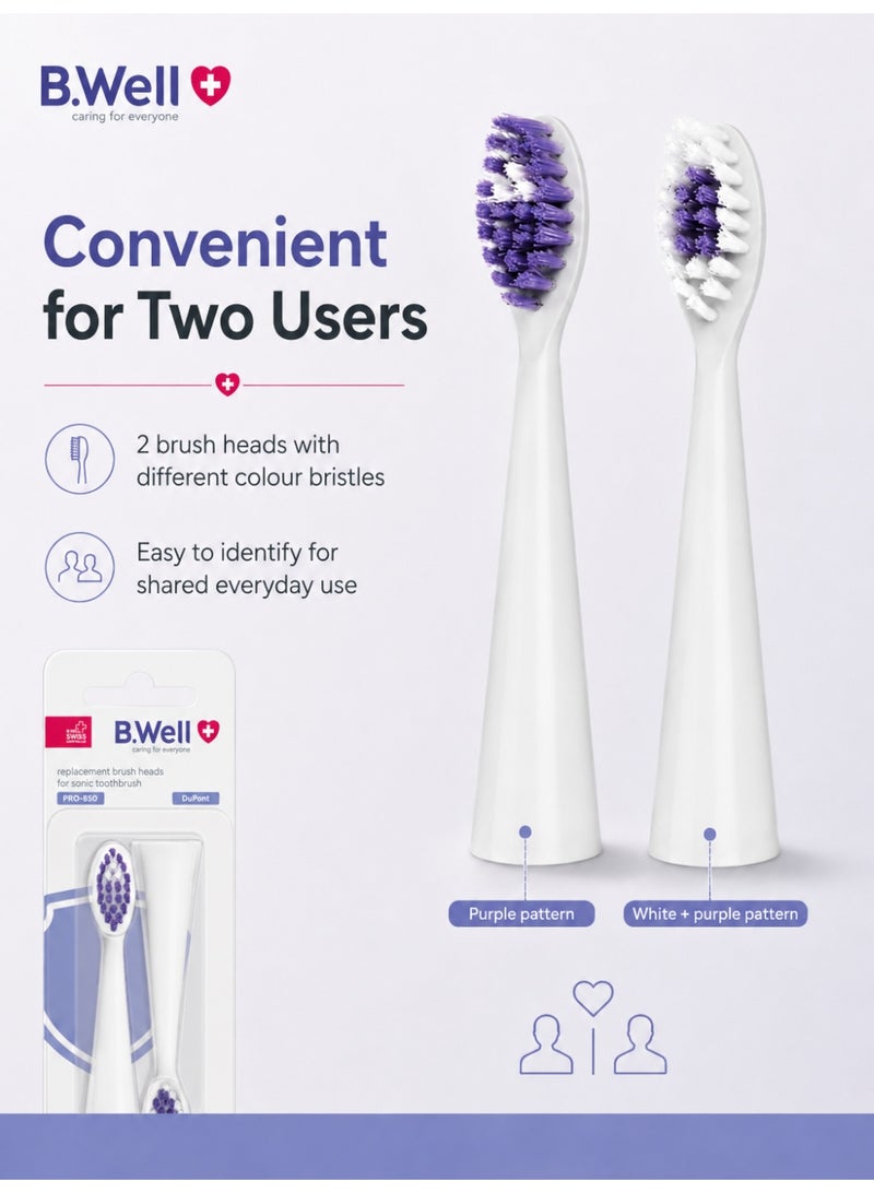 B.Well PRO-850 White Replacement Sonic Toothbrush Heads with Medium DuPont Bristles, 2 Pieces - Image 4