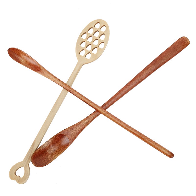 3Pcs Home Long Handle Wood Stirring Spoon Mixing Slotted Spoon for Coffee Milk Honey Use - Image 5
