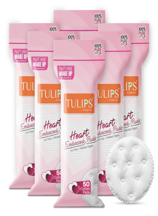 Tulips Round Facial Cotton Pad Heart Embossed I Lint Free I 50 Cotton Pads in a Ziplock Bag (Pack of 6) - Image 1