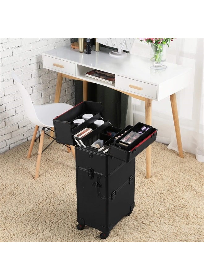 Yaheetech 3 in 1 Aluminum Cosmetic Case Professional Makeup Train Case Large Capacity Trolley Makeup Travel Case Black  - Image 2