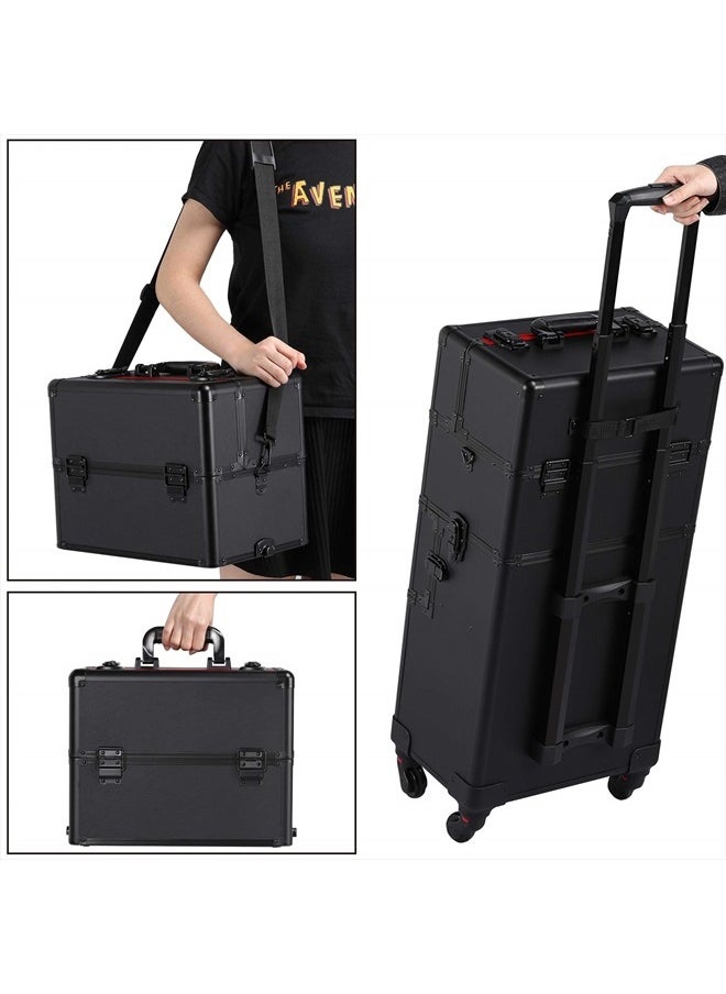 Yaheetech 3 in 1 Aluminum Cosmetic Case Professional Makeup Train Case Large Capacity Trolley Makeup Travel Case Black  - Image 5