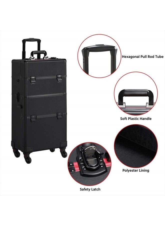 Yaheetech 3 in 1 Aluminum Cosmetic Case Professional Makeup Train Case Large Capacity Trolley Makeup Travel Case Black  - Image 3