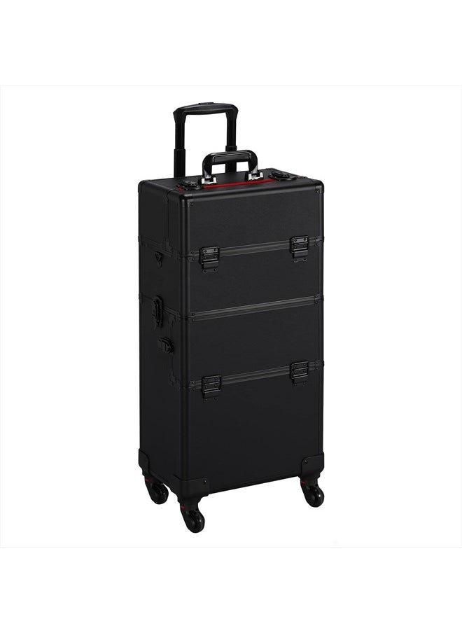 Yaheetech 3 in 1 Aluminum Cosmetic Case Professional Makeup Train Case Large Capacity Trolley Makeup Travel Case Black  - Image 1
