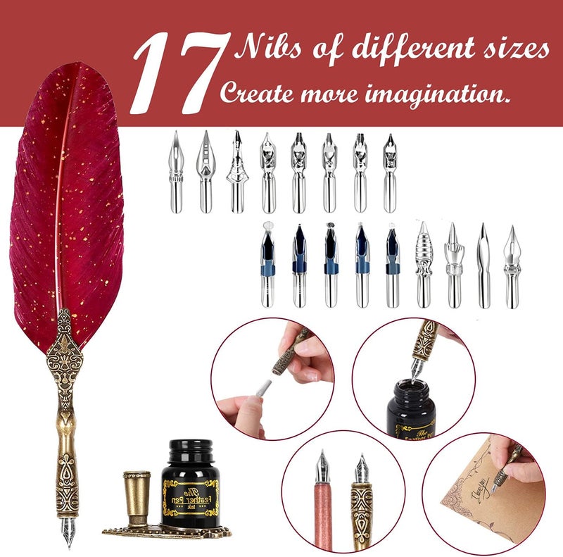 AIYNC Quill Pen and Ink Set,Feather Pen Ink Set Includes Quill Pen and wooden dip pen,Ink,17 Replacement Nib,Pen Base,3 Wax Seal Sticks,Stamp,White Wax, Spoon,Envelope Letter Paper,envelope tool(Red) - Image 3