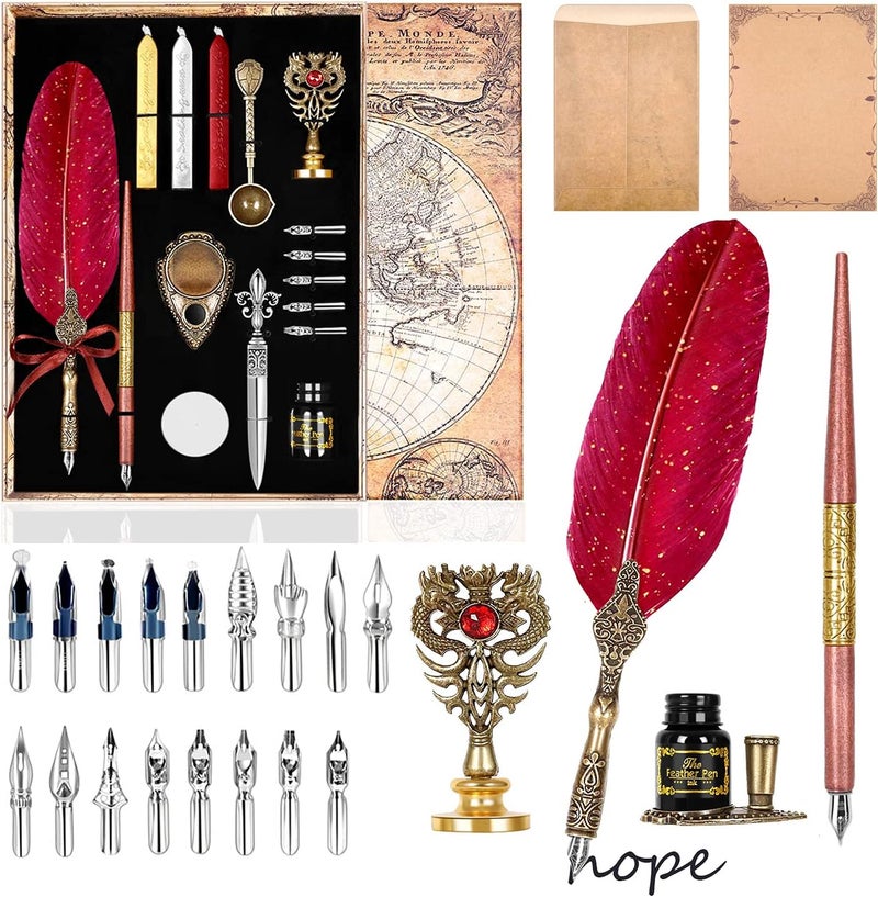AIYNC Quill Pen and Ink Set,Feather Pen Ink Set Includes Quill Pen and wooden dip pen,Ink,17 Replacement Nib,Pen Base,3 Wax Seal Sticks,Stamp,White Wax, Spoon,Envelope Letter Paper,envelope tool(Red) - Image 1