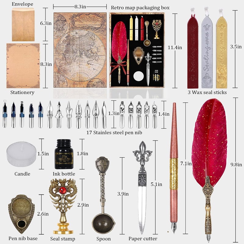 AIYNC Quill Pen and Ink Set,Feather Pen Ink Set Includes Quill Pen and wooden dip pen,Ink,17 Replacement Nib,Pen Base,3 Wax Seal Sticks,Stamp,White Wax, Spoon,Envelope Letter Paper,envelope tool(Red) - Image 2