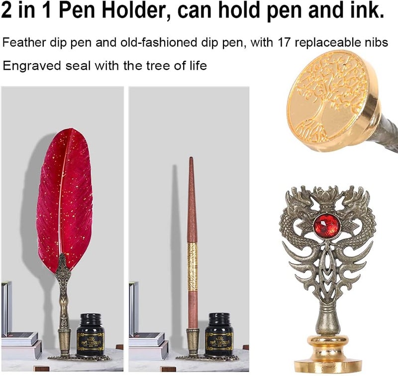 AIYNC Quill Pen and Ink Set,Feather Pen Ink Set Includes Quill Pen and wooden dip pen,Ink,17 Replacement Nib,Pen Base,3 Wax Seal Sticks,Stamp,White Wax, Spoon,Envelope Letter Paper,envelope tool(Red) - Image 4