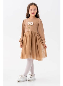 Miniğimin Cicileri My Little Ones Flower Embroidered Tulle Beige Girl's Dress - Brown 