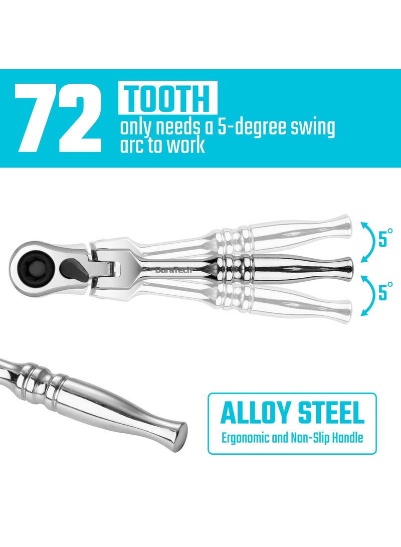 1/4 Inch Drive Ratchet Handle, 72-Tooth Multifunctional Socket  Bit Driver, 2 in 1 Flex Head Ratchet with Reversible Switch, Alloy Steel Full-Polished Chrome Plating Socket Wrench - Image 5