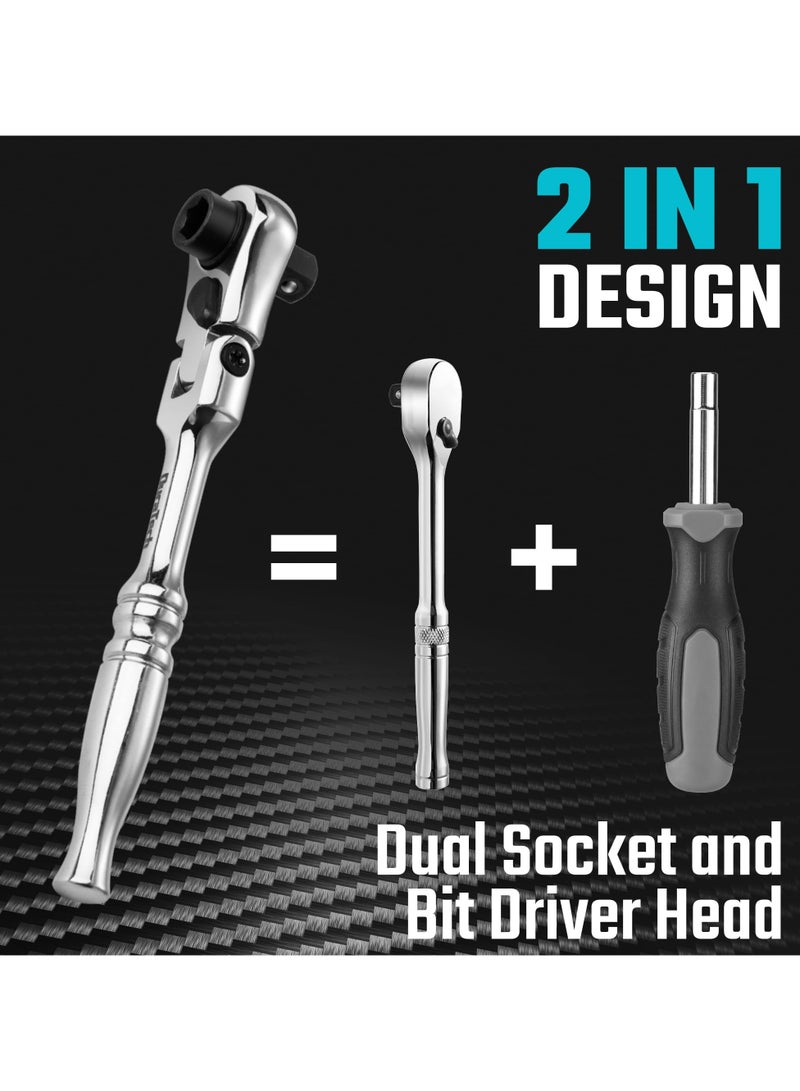 1/4 Inch Drive Ratchet Handle, 72-Tooth Multifunctional Socket  Bit Driver, 2 in 1 Flex Head Ratchet with Reversible Switch, Alloy Steel Full-Polished Chrome Plating Socket Wrench - Image 2