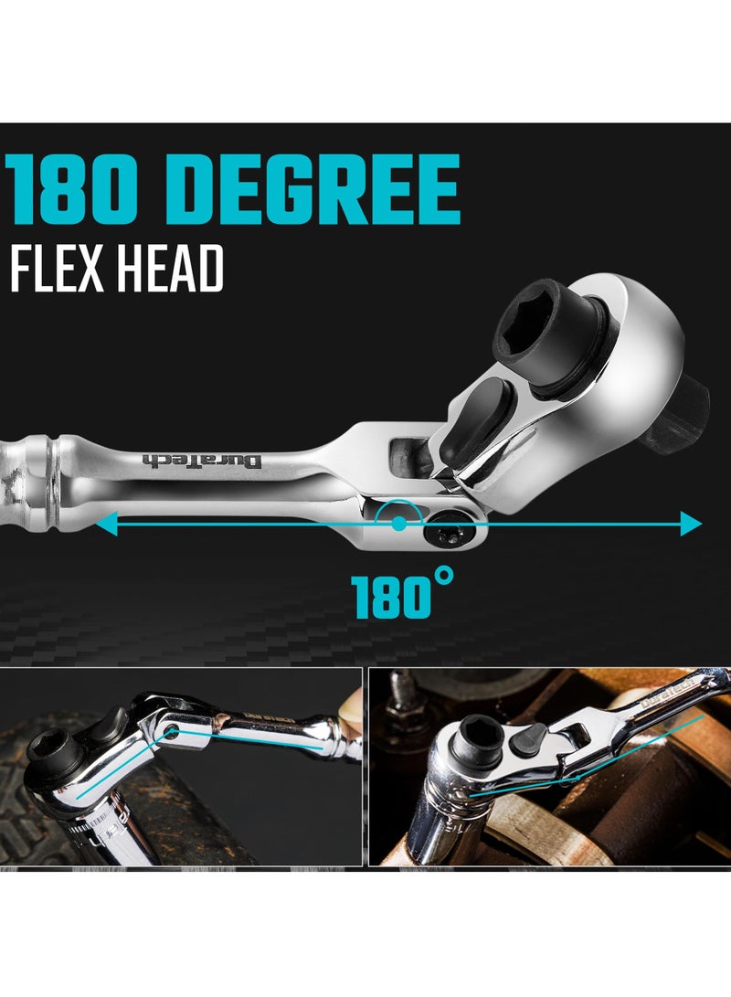 1/4 Inch Drive Ratchet Handle, 72-Tooth Multifunctional Socket  Bit Driver, 2 in 1 Flex Head Ratchet with Reversible Switch, Alloy Steel Full-Polished Chrome Plating Socket Wrench - Image 4