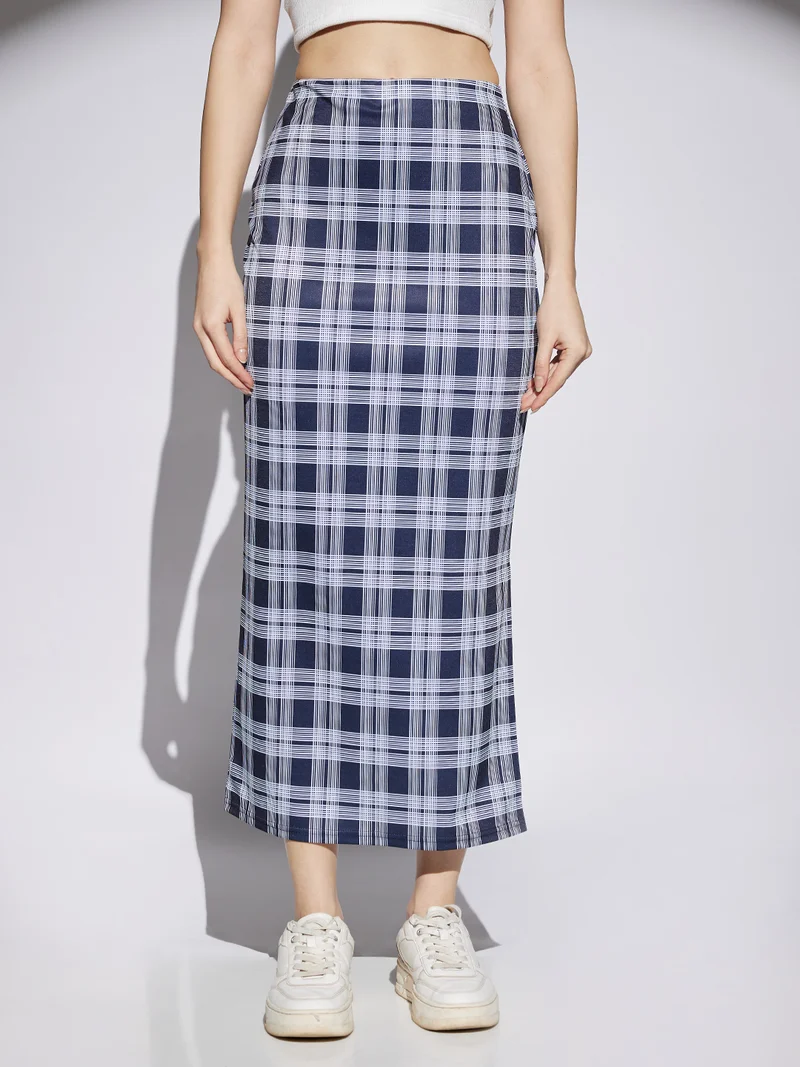 globus Globus Women Navy & White Checks Print Mid Rise Side Slit Pencil Midi Skirt