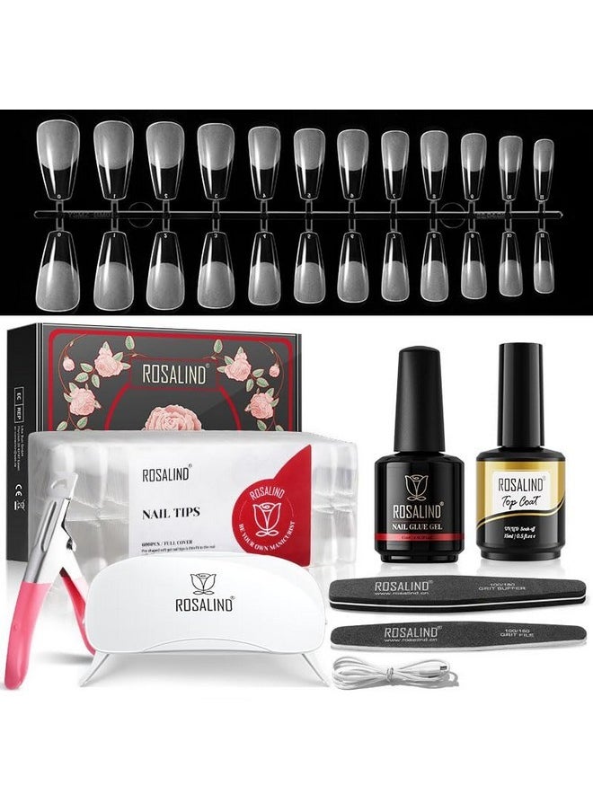 Rosalind Nail Tips Kit, Half Matte Medium Coffin Fake Nail Tips With Nail Glue Gel Top Coat Led Nail Lamp Nail Buffer File Nail Clipper, 600Pcs Full Cover False Nail Tips12 Sizes Nail Extension Kit  - Image 1