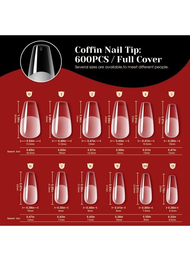 Rosalind Nail Tips Kit, Half Matte Medium Coffin Fake Nail Tips With Nail Glue Gel Top Coat Led Nail Lamp Nail Buffer File Nail Clipper, 600Pcs Full Cover False Nail Tips12 Sizes Nail Extension Kit  - Image 2