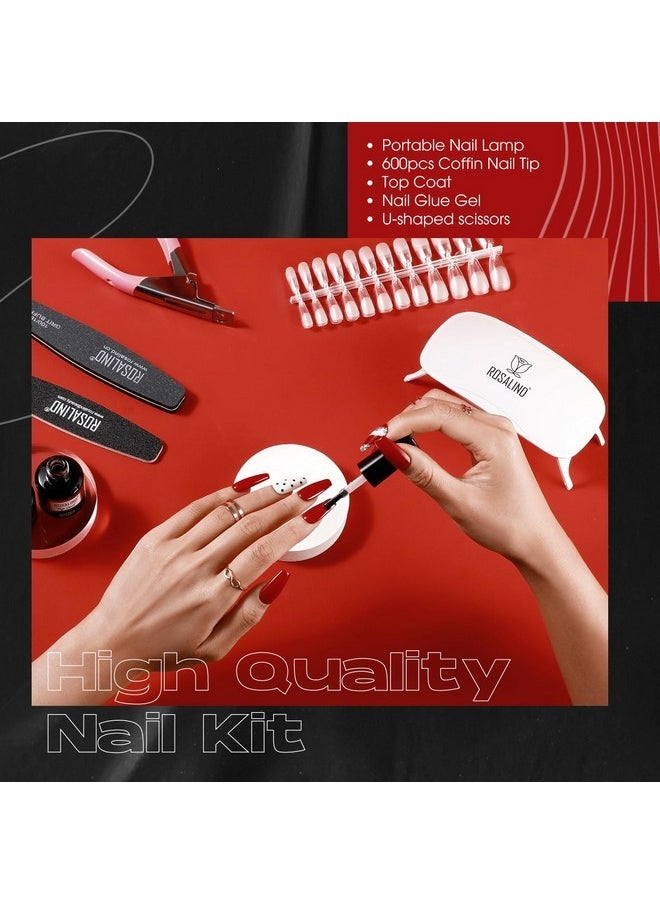 Rosalind Nail Tips Kit, Half Matte Medium Coffin Fake Nail Tips With Nail Glue Gel Top Coat Led Nail Lamp Nail Buffer File Nail Clipper, 600Pcs Full Cover False Nail Tips12 Sizes Nail Extension Kit  - Image 3