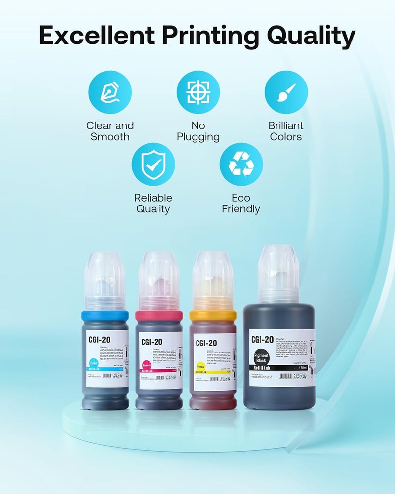 JETSIR GI-20 GI20 Refill Ink Bottles Kit Compatible for Canon PIXMA G6020 G7020 G5020 MegaTank Printers, 4-Pack (170ML GI-20 Black, 100ML GI20 Color) - Image 4