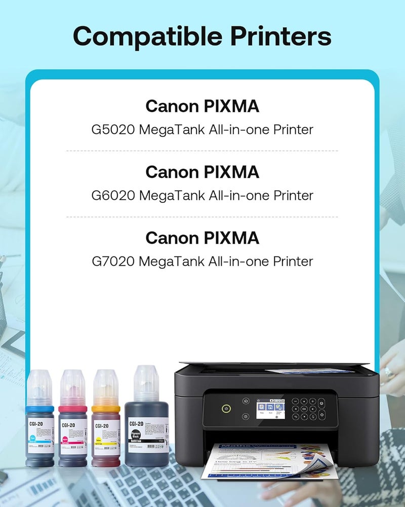 JETSIR GI-20 GI20 Refill Ink Bottles Kit Compatible for Canon PIXMA G6020 G7020 G5020 MegaTank Printers, 4-Pack (170ML GI-20 Black, 100ML GI20 Color) - Image 2
