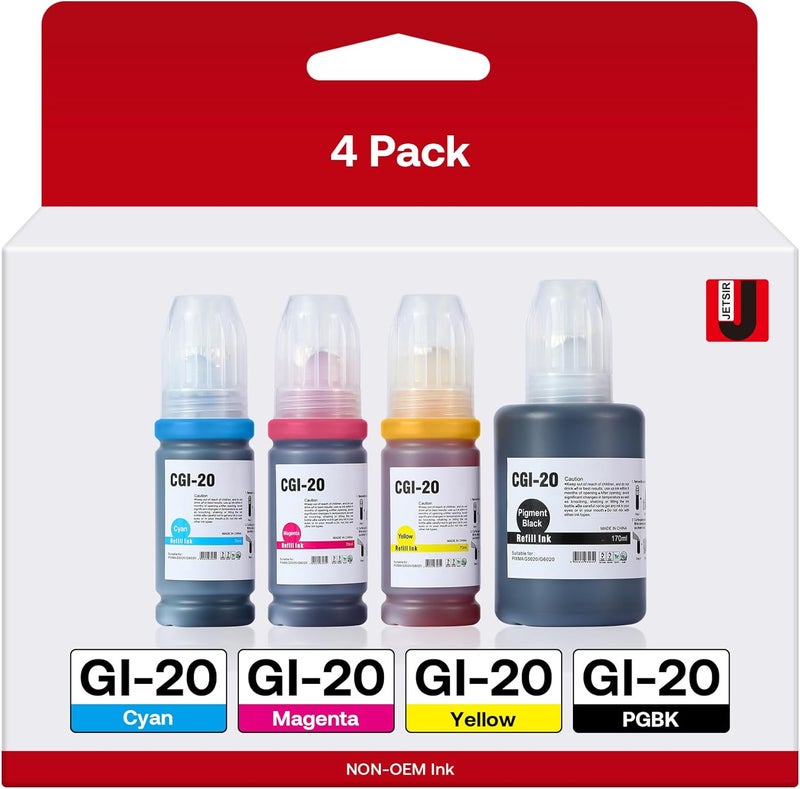 JETSIR GI-20 GI20 Refill Ink Bottles Kit Compatible for Canon PIXMA G6020 G7020 G5020 MegaTank Printers, 4-Pack (170ML GI-20 Black, 100ML GI20 Color) - Image 1