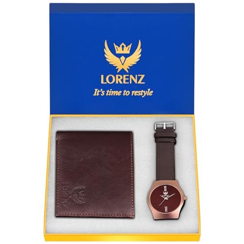 LORENZ Leather Brown Dial Men's Analog Watch And Brown Wallet Combo - Image 1