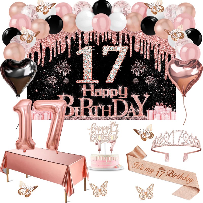 Juesly 17th Birthday Decorations for Girls, 49pcs Black Rose Gold Black Banner, Tablecloth, Butterfly Decor, 17th Birthday Sash and Tiara, Cake Topper, Candles, Balloons Arch - Image 1