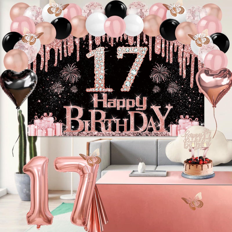 Juesly 17th Birthday Decorations for Girls, 49pcs Black Rose Gold Black Banner, Tablecloth, Butterfly Decor, 17th Birthday Sash and Tiara, Cake Topper, Candles, Balloons Arch - Image 5