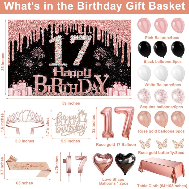 Juesly 17th Birthday Decorations for Girls, 49pcs Black Rose Gold Black Banner, Tablecloth, Butterfly Decor, 17th Birthday Sash and Tiara, Cake Topper, Candles, Balloons Arch - Image 3