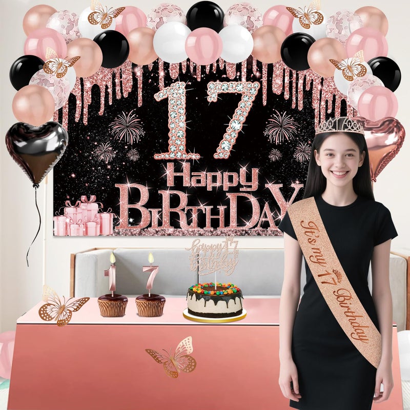 Juesly 17th Birthday Decorations for Girls, 49pcs Black Rose Gold Black Banner, Tablecloth, Butterfly Decor, 17th Birthday Sash and Tiara, Cake Topper, Candles, Balloons Arch - Image 2