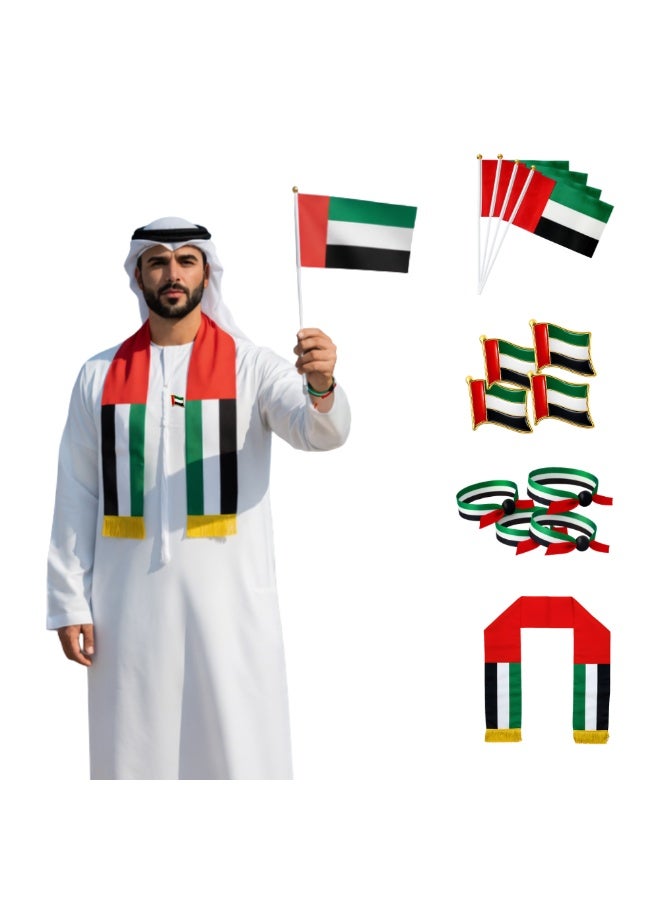 PRINTSHOP4ME UAE Celebration Bundle | Flag Pin Wristband Scarf Set | Event Accessories Kit | Multi Item Combo (Family Bundle, 4 Hand Flags+4 Lapel Pins+4 Wristbands+1 Scarf) - Image 1