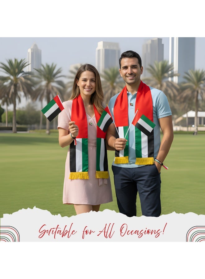 PRINTSHOP4ME UAE Celebration Bundle | Flag Pin Wristband Scarf Set | Event Accessories Kit | Multi Item Combo (Family Bundle, 4 Hand Flags+4 Lapel Pins+4 Wristbands+1 Scarf) - Image 3