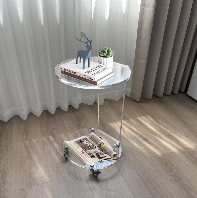 ONELUX CShaped Round Acrylic Side Sofa Table on WheelsClear Rolling Decoration Table for Living Room or Bedroom