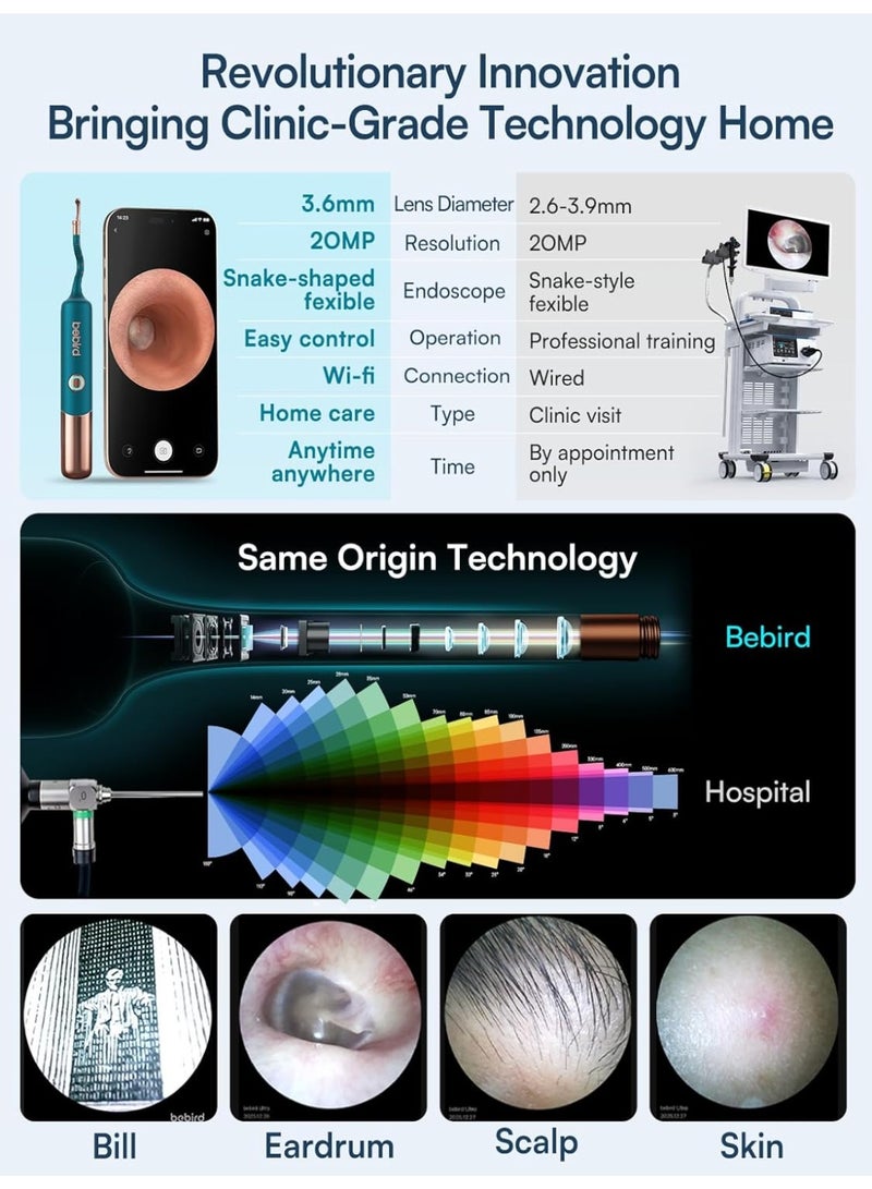 بيبيرد جهاز BEBIRD EarSight Ultra 5G WiFi لتنظيف الأذن والعناية بها، مزود بكاميرا منظار أذن مرنة، ومجموعة إزالة شمع الأذن مع 30 ملحقًا، آمن للاستخدام المنزلي - أزرق فيروزي - Image 3
