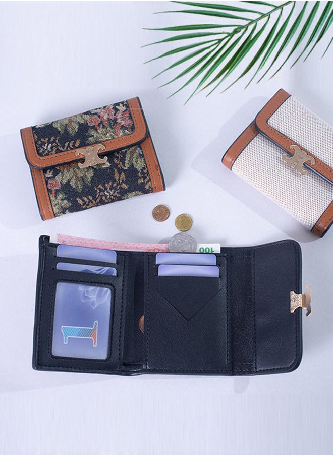 Generic - Retro Flower Printed Canvas Trifold Wallet for Women Stylish Card Holder & Money Bag (10x7.5x2cm) - Image 1
