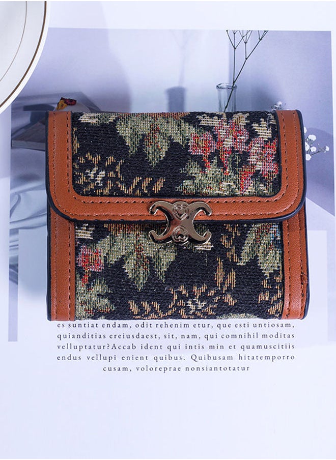 Generic - Retro Flower Printed Canvas Trifold Wallet for Women Stylish Card Holder & Money Bag (10x7.5x2cm) - Image 1