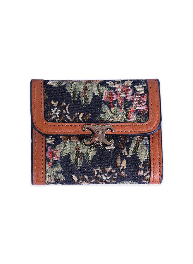 Generic - Retro Flower Printed Canvas Trifold Wallet for Women Stylish Card Holder & Money Bag (10x7.5x2cm) - Image 1
