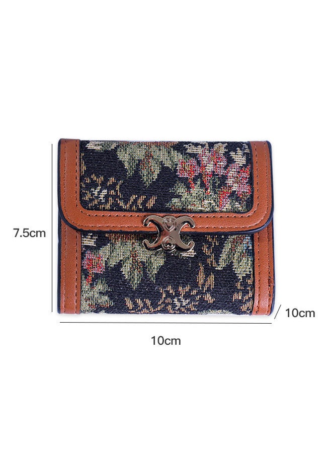 Generic - Retro Flower Printed Canvas Trifold Wallet for Women Stylish Card Holder & Money Bag (10x7.5x2cm) - Image 1