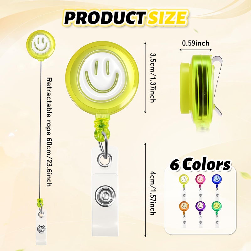 Eunoir 6Pcs Cute Badge Reel Set â€“ Happy Face Retractable Badge Holder with Clip, ID Badge Reel for Nurses, Teachers, Hospital, Office & School (Pastel) - Image 2