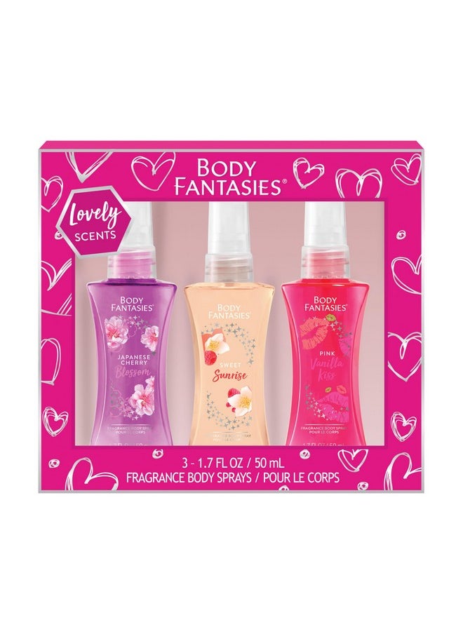 Body Fantasies Body Spray Holiday Gift Set for Her - 3 Piece Lovely Scents Sampler, Perfect for Stocking Stuffers