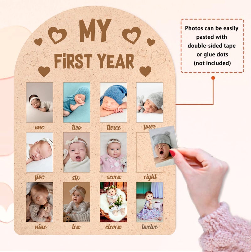 SVM CRAFT® Set of 1 My First Year Photo Display Wood Board heart Pattern Baby's 1st Birthday Picture Frame Newborn 12 Months Photos Milestone Memories Keepsake Board. - Image 3
