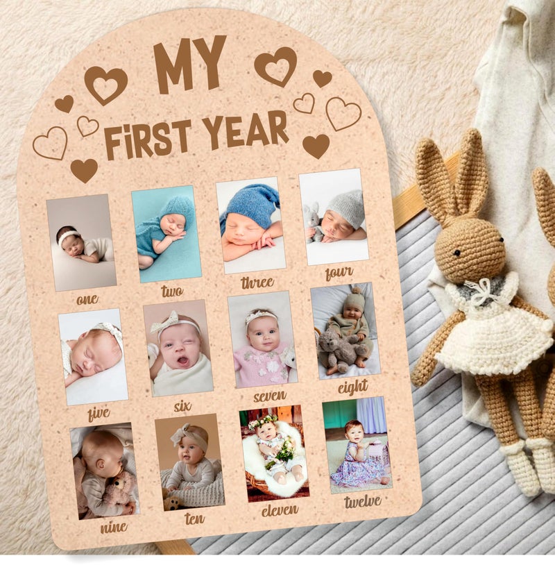 SVM CRAFT® Set of 1 My First Year Photo Display Wood Board heart Pattern Baby's 1st Birthday Picture Frame Newborn 12 Months Photos Milestone Memories Keepsake Board. - Image 1