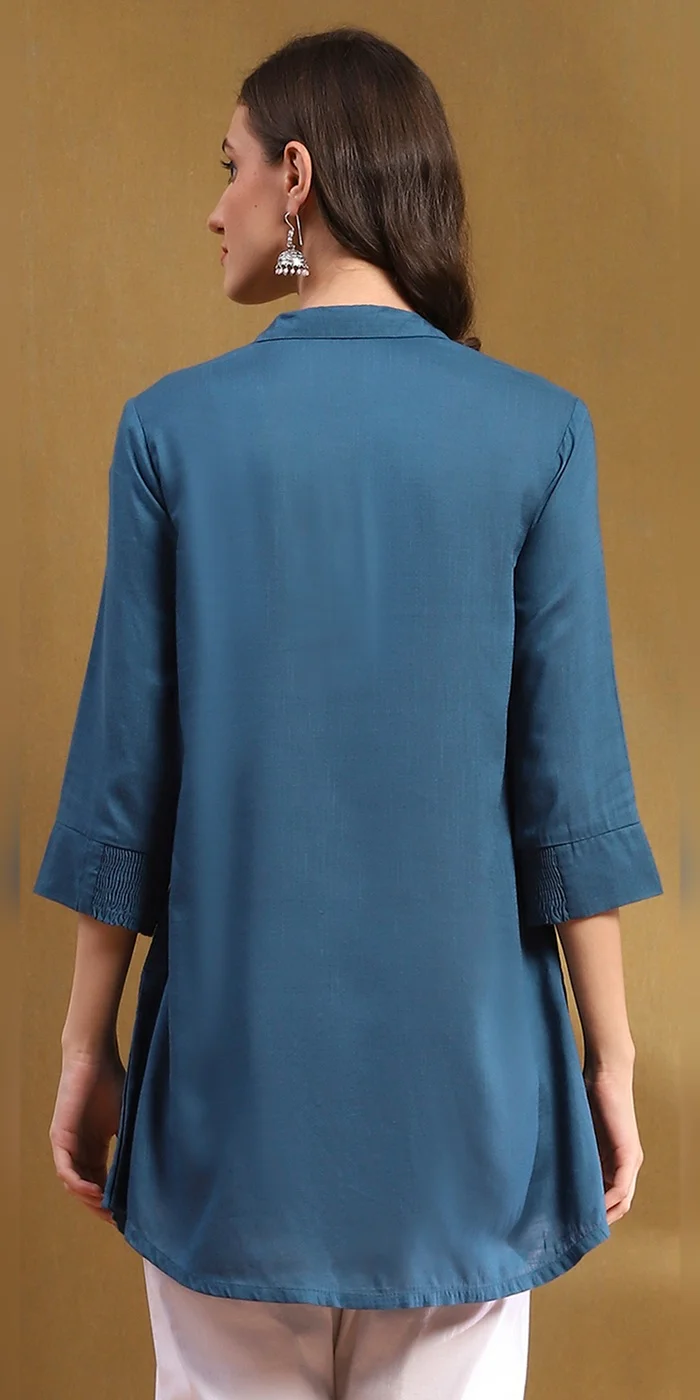 Biba  Women Blue Solid Shirt Collar Straight Short Kurti for Women | Best Price UAE