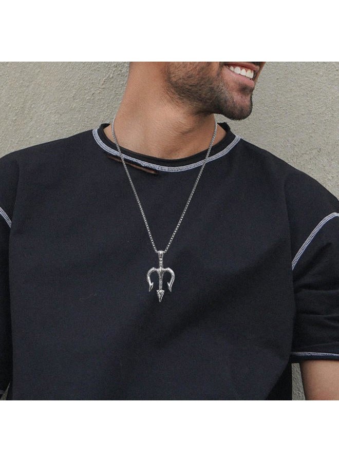 HZMAN Men Vintage Poseidon Trident Necklace, Ancient Greek Mythology Amulet Pendant, Metal, No Gemstone - Image 2