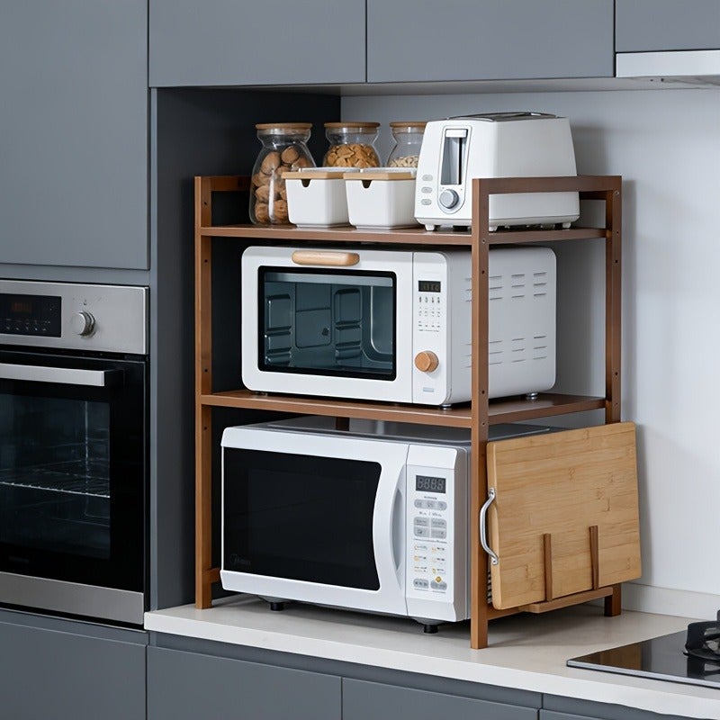 Multi Layer Bamboo Kitchen Storage Rack, Multifunctional Countertop, Microwave Oven Rack, Adjustable Microwave Stand, Microwave Organizer with Chopping Board Holder, Desktop Seasoning Rack, Oven Storage Rack with Cutting Board Rack and 6 Hooks - Image 4