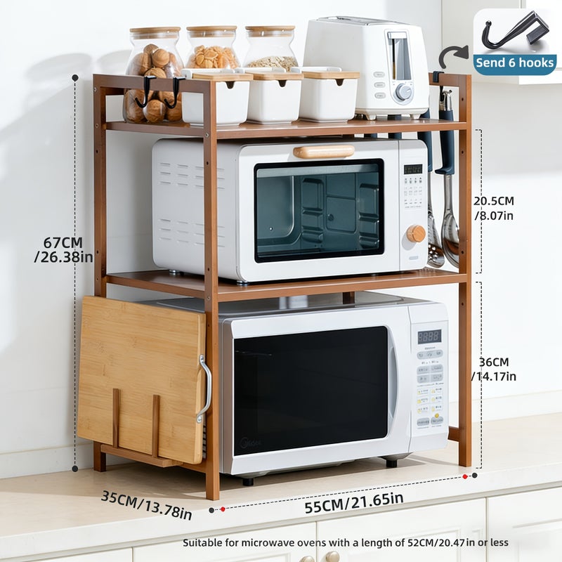 Multi Layer Bamboo Kitchen Storage Rack, Multifunctional Countertop, Microwave Oven Rack, Adjustable Microwave Stand, Microwave Organizer with Chopping Board Holder, Desktop Seasoning Rack, Oven Storage Rack with Cutting Board Rack and 6 Hooks - Image 1