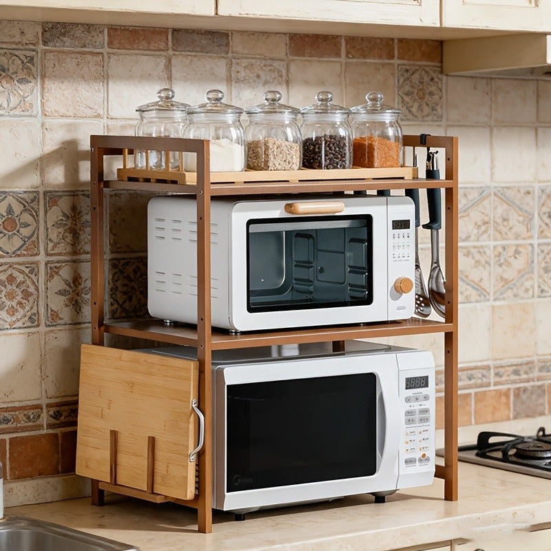 Multi Layer Bamboo Kitchen Storage Rack, Multifunctional Countertop, Microwave Oven Rack, Adjustable Microwave Stand, Microwave Organizer with Chopping Board Holder, Desktop Seasoning Rack, Oven Storage Rack with Cutting Board Rack and 6 Hooks - Image 3