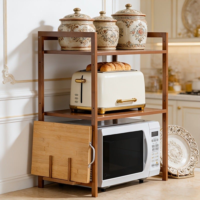 Multi Layer Bamboo Kitchen Storage Rack, Multifunctional Countertop, Microwave Oven Rack, Adjustable Microwave Stand, Microwave Organizer with Chopping Board Holder, Desktop Seasoning Rack, Oven Storage Rack with Cutting Board Rack and 6 Hooks - Image 5